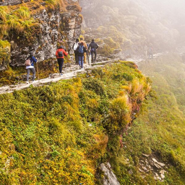 people hiking on hills.